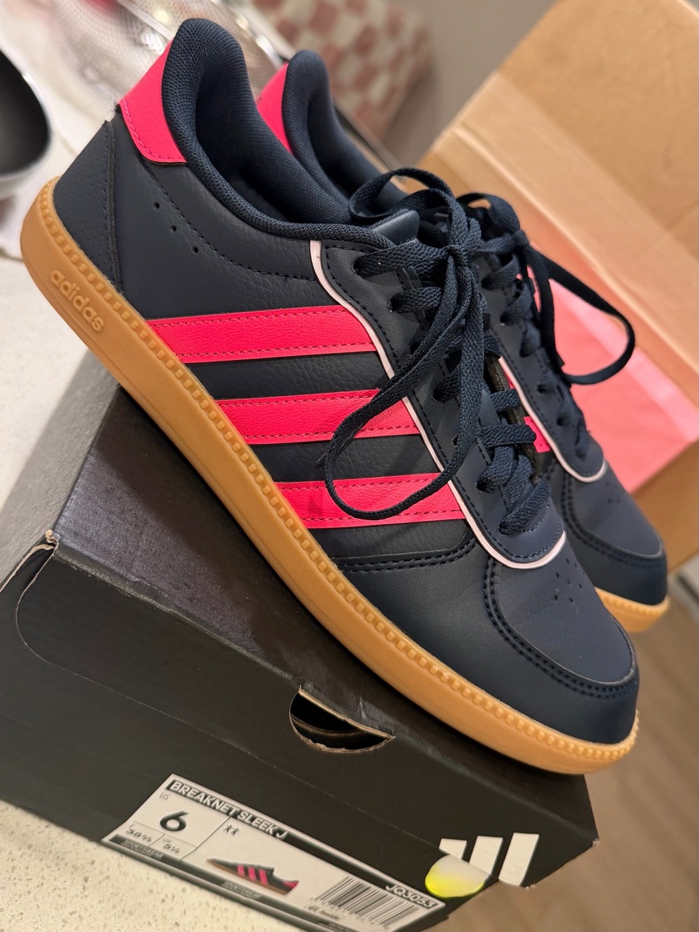 adidas Navy Sneakers with Hot Pink Stripes and Gum Sole